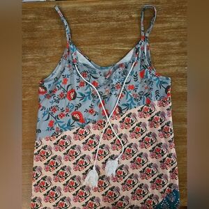 Boho Floral Print Camisole with Red and Blue Accents Handkerchief Tank Medium